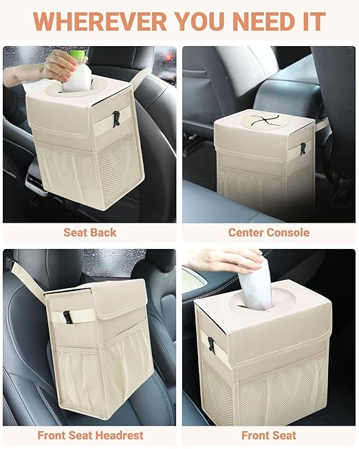 Capolo Car Trash Can with Lid, Leakproof Car Trash Bag Hanging Waterproof Automotive Garbage Can with Storage Pockets Mini Vehicle Trash Bin for Back/Front Seat(Beige,3 Gallon)