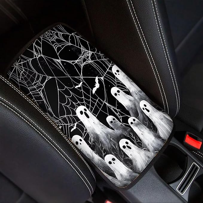 Cute Ghost Web Universal Center Console Armrest Soft Pad Protector Cover Armrest Box Protector Non Slip for Pet Dogs Car Interior Decor
