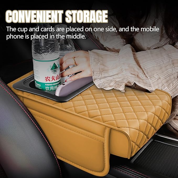Hovom Car Center Console Cover, 13.39"×7.87"×2.76" Leather Armrest Cover for Cars, Memory Foam Armrest Pillow with Pocket, Cup Holder & Phone Slot, Universal Vehicle Arm Rest Cushion Pad (Orange)