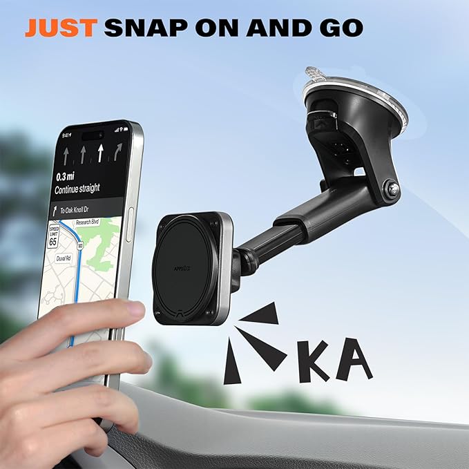 APPS2Car for MagSafe Car Mount, Extra Strong Hold Magnetic Phone Holder with 20xN55 Magnets, Suction Cup Stand for Windshield Dashboard, Adjustable Telescopic Arm, Fit for iPhone Samsung
