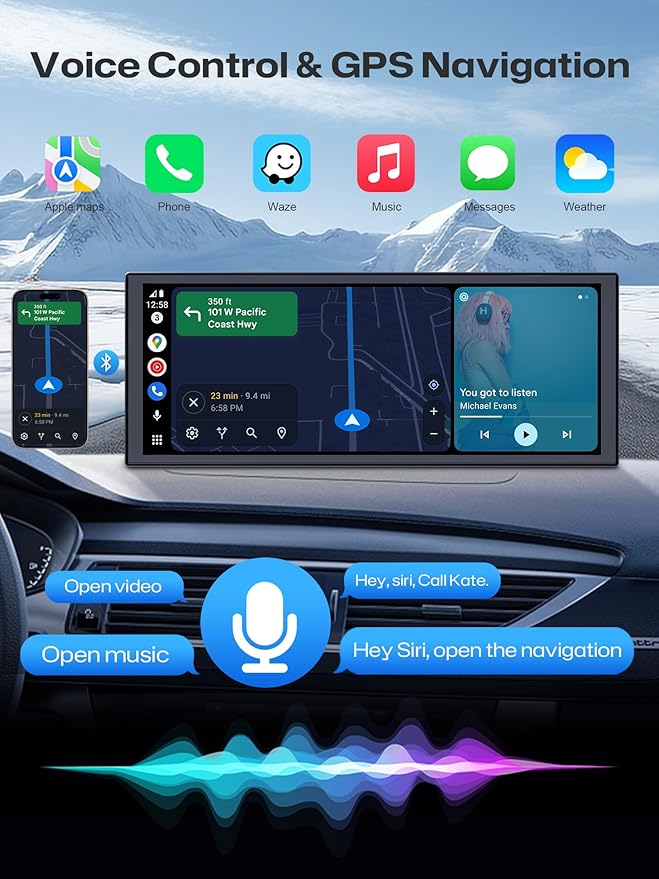 INNOVV V2 10.3 Inch Wireless CarPlay & Android Auto HD IPS Touch Screen 1920x720, Universal Fit, Plug and Play, Mirror Link, GPS, Loop Recording, Siri & Google Assistant, Adjustable Magic Stand