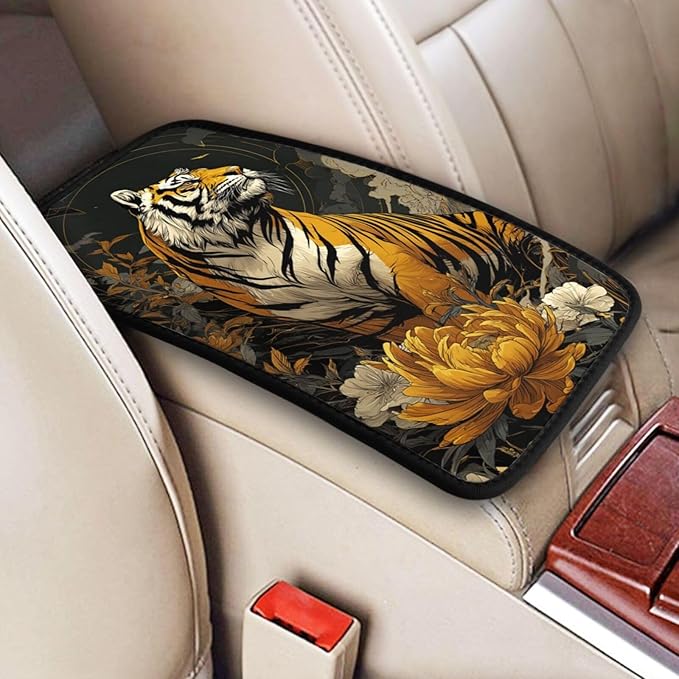 Universal Car Center Console Cushion Pad, Golden Flower Tiger Soft Waterproof Car Center Console Cover Auto Armrest Seat Box Cover Protector for Most Vehicle SUV Truck Car