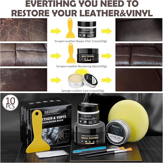 SEISSO Leather Repair Kit for Furniture, Dark Brown Vinyl Repair Kit with Mink Oil Car Interior Leather Recoloring Balm for Scratches, Fading Shoes, Car Seat, Sofa