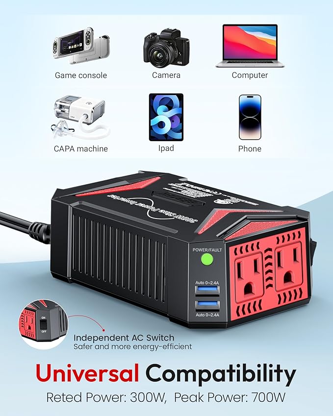 BESTEK Pure Sine Wave Power Inverter - 300W Car Plug in Charger Outlet DC 12V to 110V AC - Cigarette Lighter Adapter 4.8A Dual USB Fast Charging Ports for Phone, Laptop, CPAP - Black