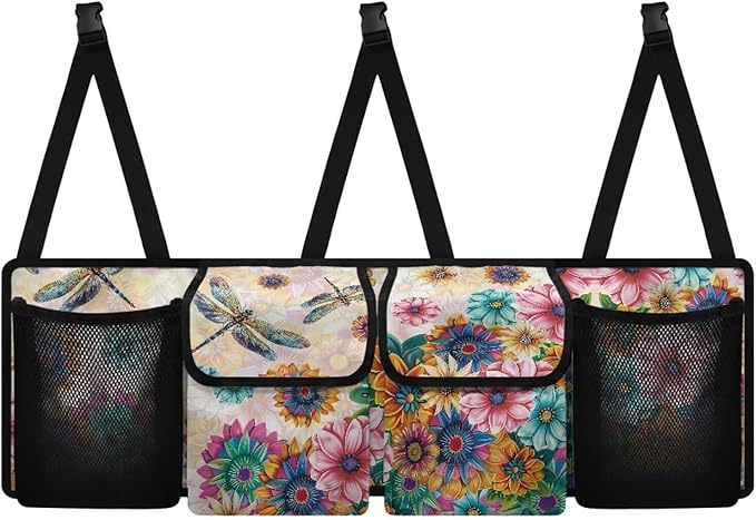 Dragonfly Car Trunk Organizer for Women Lady Boho Floral Blossoms Waterproof Hanging Car Storage Organizer Trunk Storage Bag