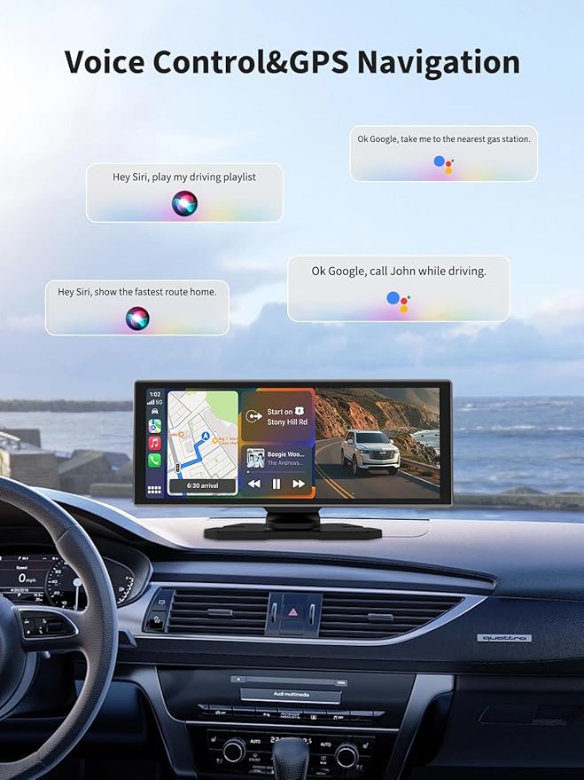 Largest Portable 11.26'' Wireless CarPlay/Android Auto Screen with 2.5D 1920x720 HD Display, Built-in DVR, 4K Front + 1080P Rear Camera, Car Screen,Easy Install Dash Cam,GPS Navigation,Voice Control
