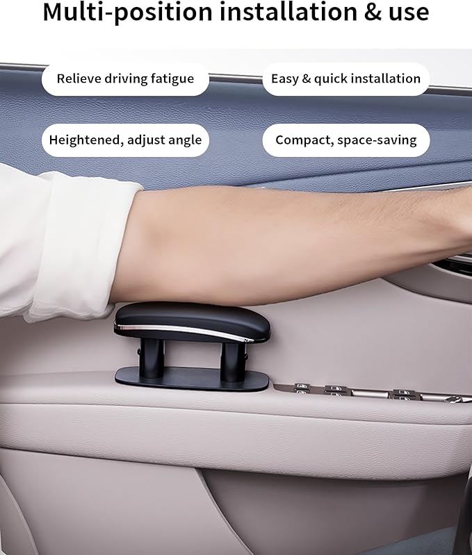 Adjustable Arm Rest for Car, Forearm Wrist Support Cushion - Universal Faux Leather Armrest for Most Car Models, Doors & Consoles (Black)