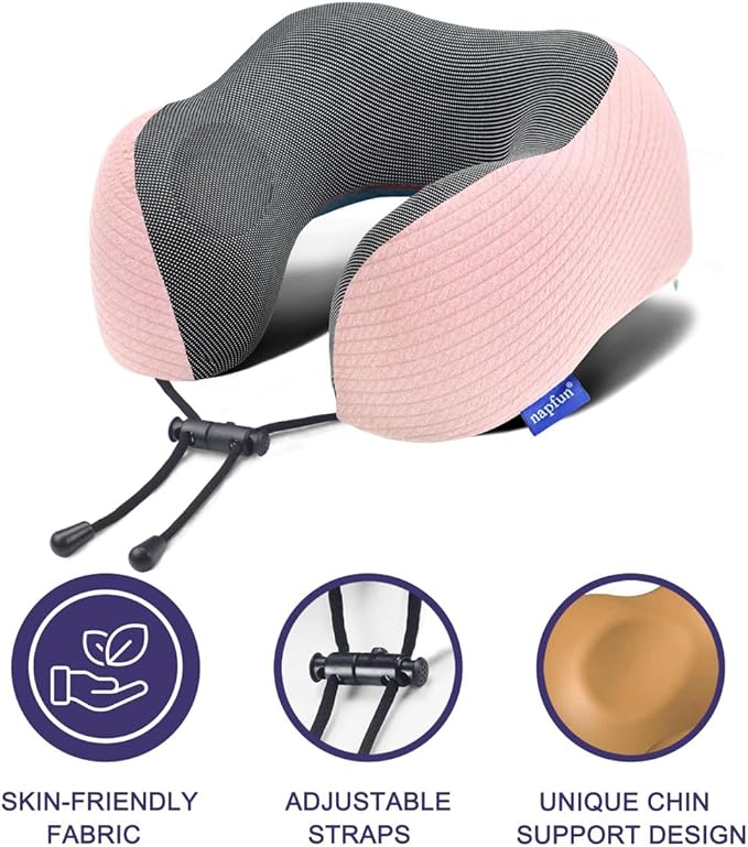 napfun Neck Pillow for Traveling, Upgraded Travel Neck Pillow for Airplane 100% Pure Memory Foam Travel Pillow for Flight Headrest Sleep, Portable Plane Accessories, Pink Striped Kit