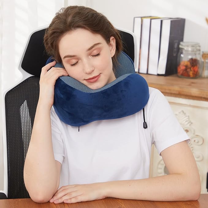 TALLGO Travel Pillow, Best Memory Foam Neck Pillow Head Support Soft Pillow for Sleeping Rest, Airplane Car & Home Use (Dark Blue)