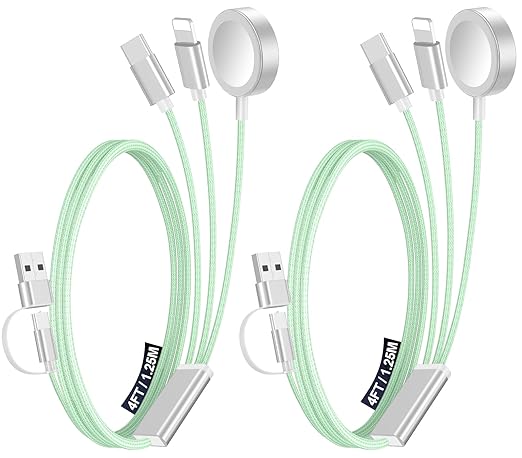 2Pack Multi Charging Cable Cord for Travel Essentials,Apple Watch Charger,iPhone Charger,[3-in-2] Type C/L Cable Portable Designed for iWatch,iPhone 17-8,Galaxy S25-21,AirPods,iPad-4FT Green