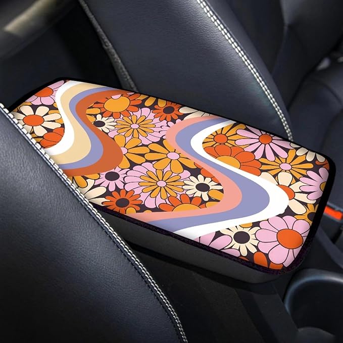 Dreaweet Hippie Flower Car Center Console Cushion Pad,Universal Armrest Seat Box Cover Protector,Comfortable Car Decor Accessories Fit for Most Cars,Trucks,SUV