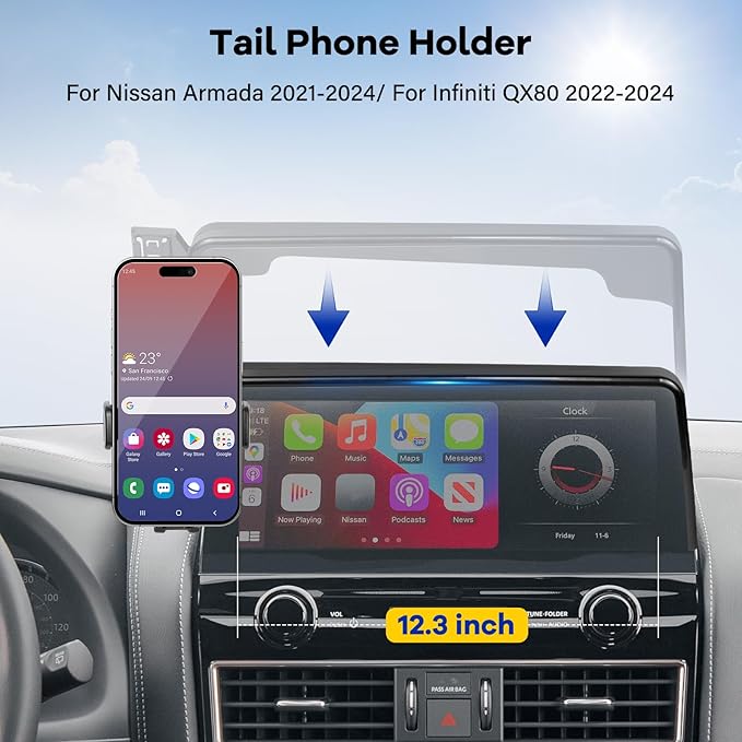 Car Phone Holder Custom for 2021-2024 Armada & 2022-2024 QX80 12.3-inch Screen Auto Interior Accessories Decoration Mobile Cell Phone Mount Bracket with Hands-Free & 360°Rotation
