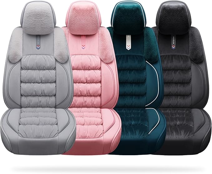 AOOG Fuzzy Car Seat Covers, Heated Bench Back Cushion Protector for Cars SUV Trucks(Front Pair,Grey)