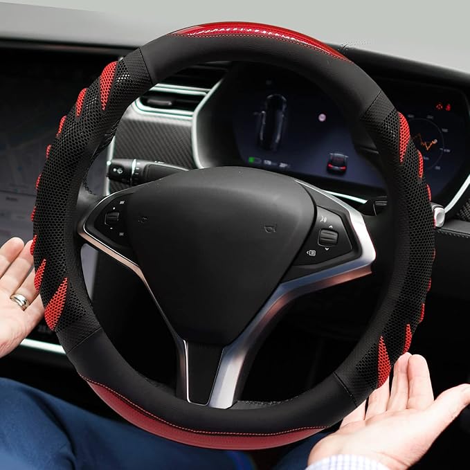 Sport Style Black Leather Steering Wheel Cover with Red Ripple-Style Grip Steering Wheel Accessory,Universal Fit 14.5-15.25 inch Steering Wheel