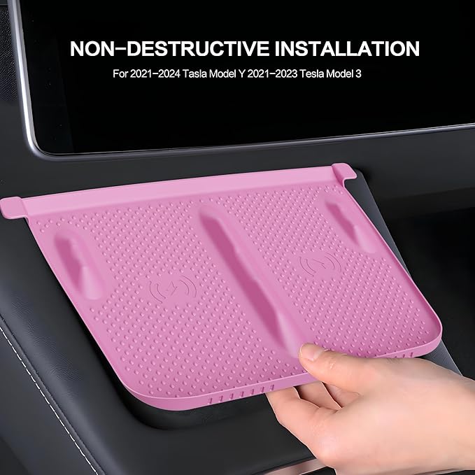 HSB Upgrade Silicone Mat for Tesla Model Y Model 3 Center Console, Wireless Charging Phone Pad, Interior Accessories (Not for 2024 Model 3) (Pink)
