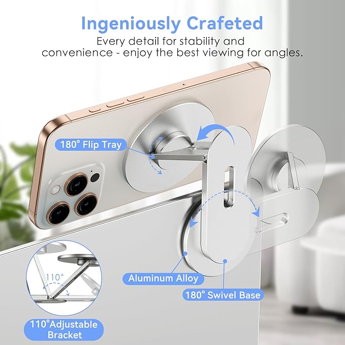 CloudValley Magnetic Laptop Phone Holder, 360° Rotating Mount Compatible with iPhone MagSafe and All Phones, MacBook, PC Monitor, Screen Stand for Tesla, Portable Accessory, Silver