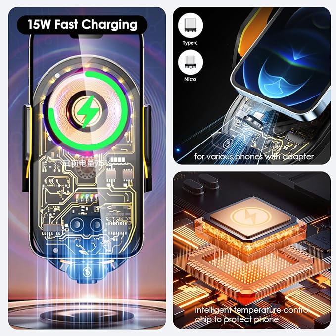 Wokyo Wireless Car Charger Mount, 66W Fast Magnetic Charging and 360° Rotatable, Intelligent Air Vent Car Phone Holder, Auto-Clamping Mount Wireless Charging Compatible Most Smartphones (Black)