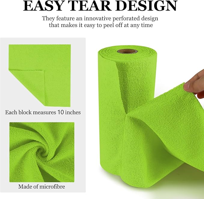 wuyaoyao 50PCS Microfiber Cleaning Cloth Roll, 10"×10" Tear Away Microfiber Towels, Reusable Washable Cloth Paper Towels, Multi-Purpose Cleaning Rags for Car Home Kitchen Garage Shop (Green)