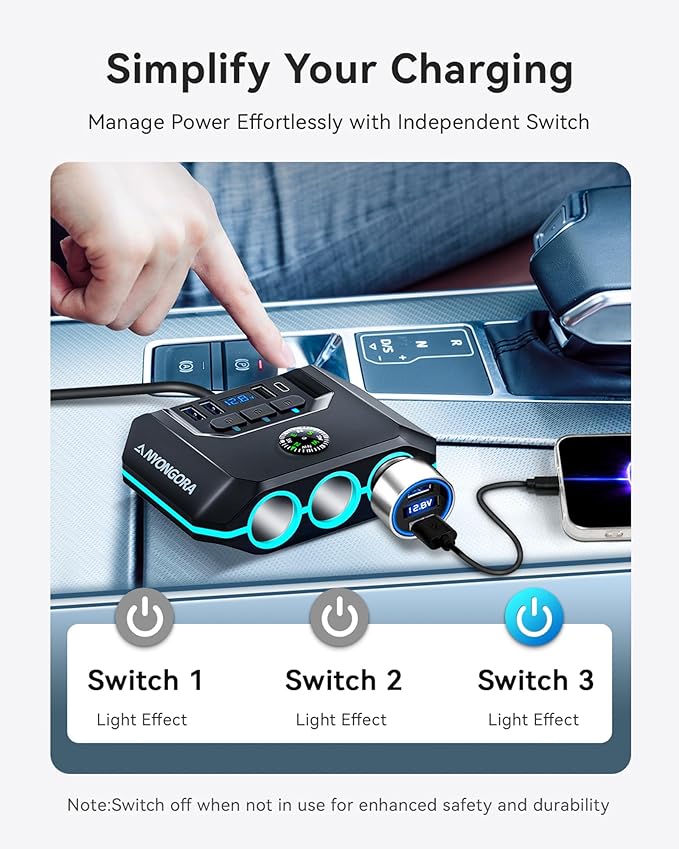 Anyongora 7-in-1 Cigarette Lighter Splitter, 120W Car Charger Adapter with 3 Sockets & Independent Switches, 4 USB Ports (USB-A/USB-C), LED Voltage Display, UL Certified, Built-in Fuse + Spare Fuse
