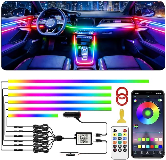 Interior Car LED Strip Lights, Acrylic LED Lights RGB Dreamcolor 6 in 1 with 175 inches 593 LEDs Fiber Optic Ambient Lighting Kits,APP and Remote Control 16 Million Colors Car Neon Lights