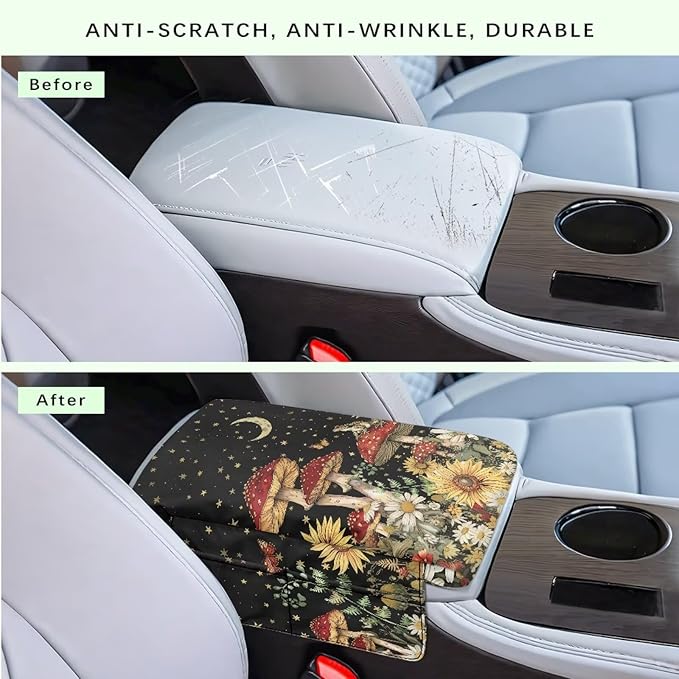 Dreaweet Starry Sky Mushroom Car Armrest Cover Pad Thick Center Console Cover with Pockets Cute Car Accessories for Women Universal Arm Rest Cover for Car Center Console for Truck SUV Cars Sedan