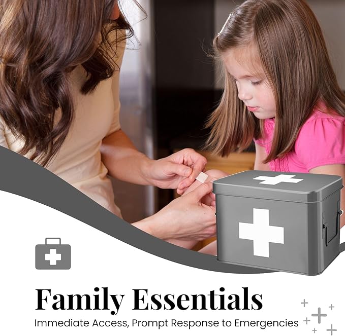 Flexzion Medicine Box, Home Pharmacy Box, 33 x 21 x 19 cm, Metal Medication Storage Box for Emergency, First Aid Cabinet, with Side Handles, Removable Tray & 5 Compartments, Grey