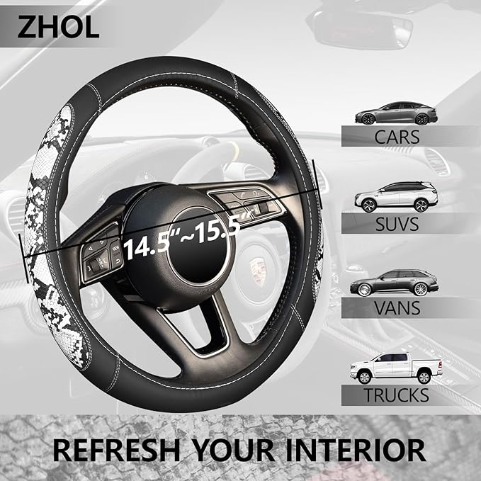 ZHOL Snake Skin Leather Steering Wheel Cover,Black and White Animal Fur Car Accessory Steering Wheel Cover,Universal 14.5-15inch,Anti-Slip Car Steering Wheel Protector for Women Men