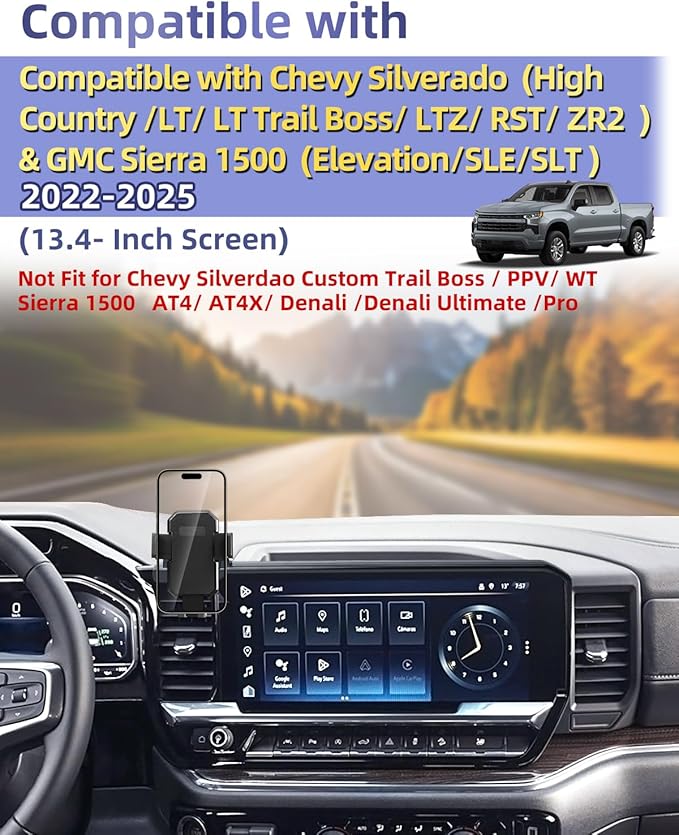 PZK Car Phone Mount for 2022-2025 2026 Chevy Chevrolet Silverado 1500/GMC Sierra 1500 LT/RST/ZR2/LTZ/LT Trail Boss/High Country Accessories 13.4-Inch Screen Auto Lock Chevy Phone Holder 360° Rotation