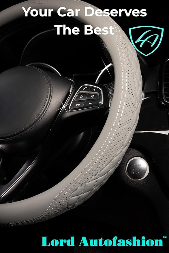 Lord Autofashion Steering Wheel Cover – PU Leather, Non-Slip Rubber Inner, All-Season Comfort – 14.5–15 Inch (Grey 9366)
