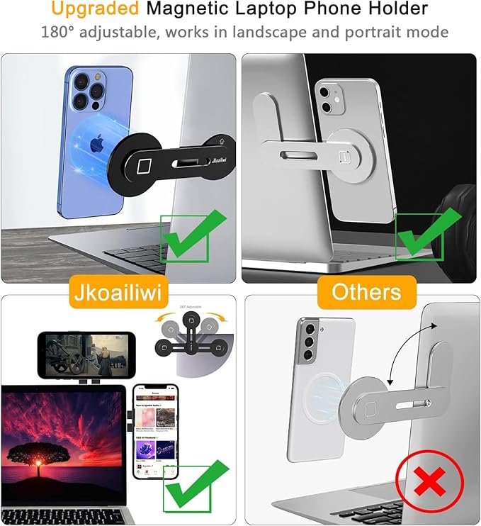 Magnetic Laptop Phone Holder Mount for Dual Screen, 180° Adjustable Edge Computer Phone Holder for Monitor's Top and Side, Extended Laptop Stand Accessories for iPhone 12-17 All Phones