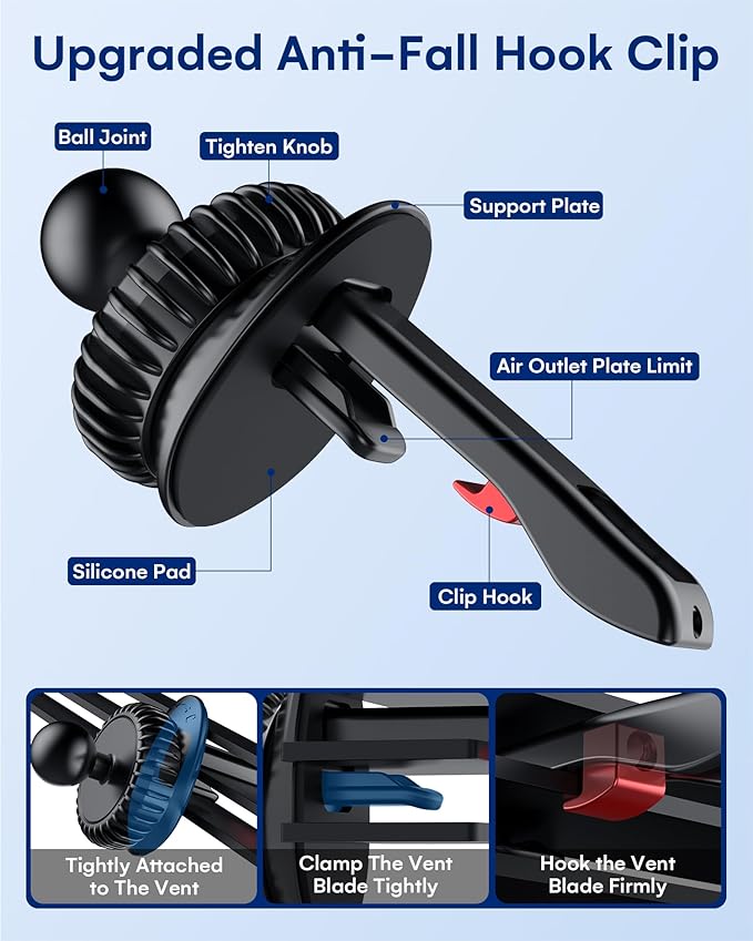 ZEEHOO Car Mount Vent Clip Replacement, Universal Air Vent Clip [0.67in(17 mm) Ball Joint] for Wireless Car Charger&Car Phone Holder, Vent Ball Mount for Garmin Nuvi Serie 3.5-7" Sat Nav