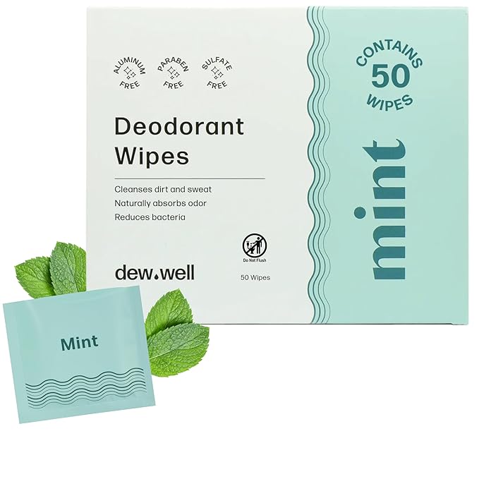 Dew Well Deodorant Wipes - Individually Wrapped Armpit Wipes & Purse Essentials - Sweat-Blocking Mini Deodorant - Compact Tissue Packs & Travel Accessories - 50 Count, Mint