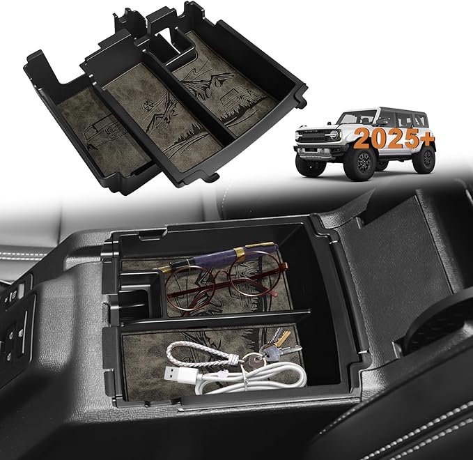 TripleAliners Center Console Organizer Compatible with 2025 2026 Ford Bronco(Not for 2-Door& Manual &Bronco Sport) Accessories Console Storage Box Armrest Tray | Two Layers with Leather Trim (Gray)