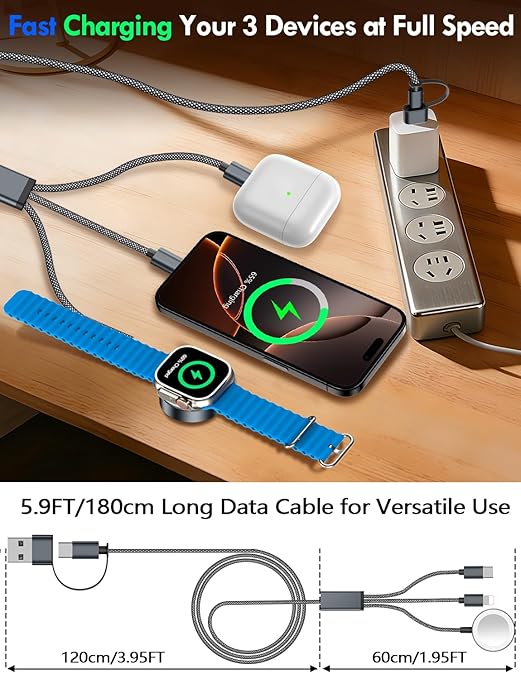 Travel Essentials for Apple Watch Charger,iPhone Charger,3 in 2 Type C/L/Magnetic Fast Charging Cable,Multi Charging Cable Portable Designed for iWatch Series,iPhone 17-11,Galaxy S26-S21,Car-6FT