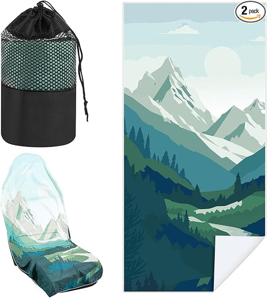 2 Pack Car Seat Towel Covers with Storage Bag 63 x 32 Inch Athletic Running Towel Seat Sweat Washable Non Slip Cover Gift for Car Outdoor Sport Activities (Mixed Landscapes)