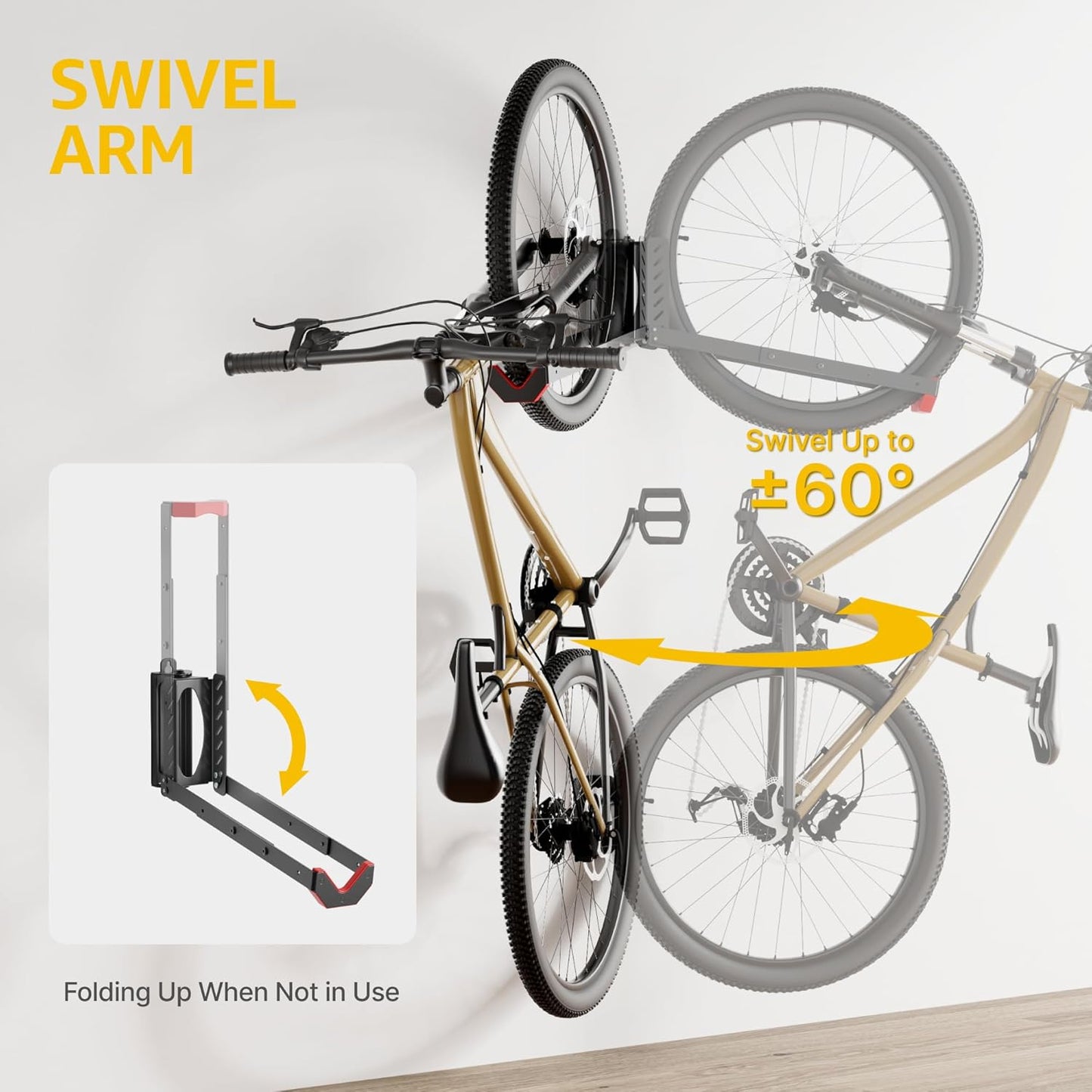 monTEK Swivel Bike Wall Mount, No Heavy Lifting Required Bike Wall Mount, Bike Hangers for Garage, Space-Saving Bike Rack Garage, Easy to Load and Unload, Bike Hanger Can Hold Up to 77 lbs, 4 Pack