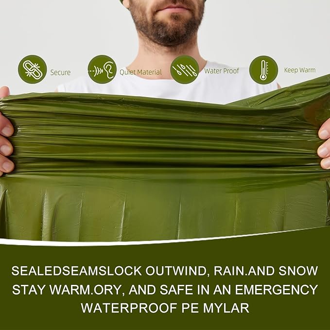 Emergency Sleeping Bag & LED Beanie Hat Set, Waterproof Thermal Mylar Bivy Sack, Portable Survival Gear for Hiking, Camping, Bug-Out Bags & Emergency Kits
