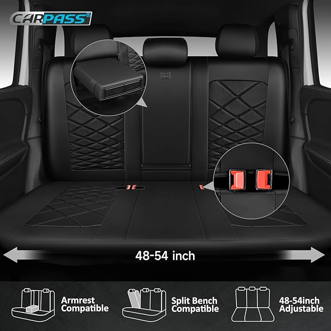 CAR PASS Luxury Nappa Leather Back Seat Covers, Piping Water Resistant Premium Faux Leather Rear Bench Seat Covers, Breathable Backseat Cover Universal Fit for Most Sedan SUV Van Truck, Black