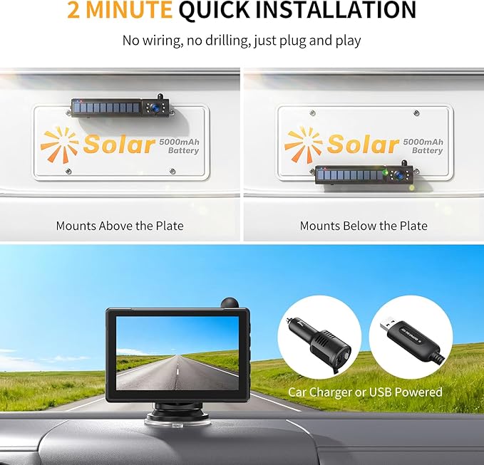 Solar Wireless Backup Camera for Car 5" HD 1080P Monitor 2 Mins DIY Installation 5,000mAh Battery Night Vision 2 Split Screen Back Up Camera Waterproof Reverse Camera for Truck,Pickup,RV,SUV