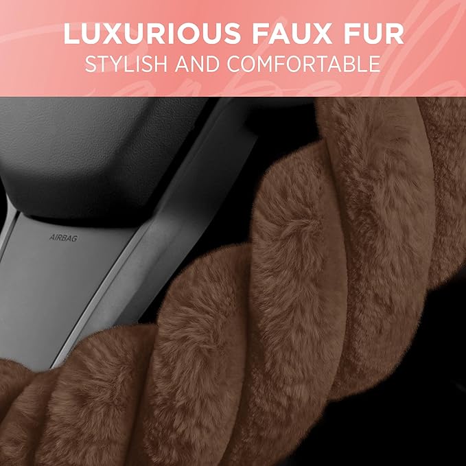 Carbella Twisted Fur Brown Soft Steering Wheel Cover, Standard 15 Inch Size Fits Most Vehicles, Fuzzy Fluffy Car Steering Cover with Soft Faux Fur Touch, Car Accessories for Women