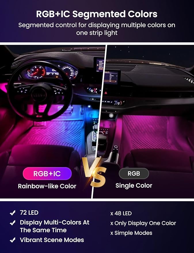 RGB+IC Car LED Lights, Smart 72 LED Car Interior Lights with App Control, 16 Million Colors Under Dash Light with Music Mode, Scene Mode, 2 Lines Design Light for Cars SUVs Trucks with Car Charger