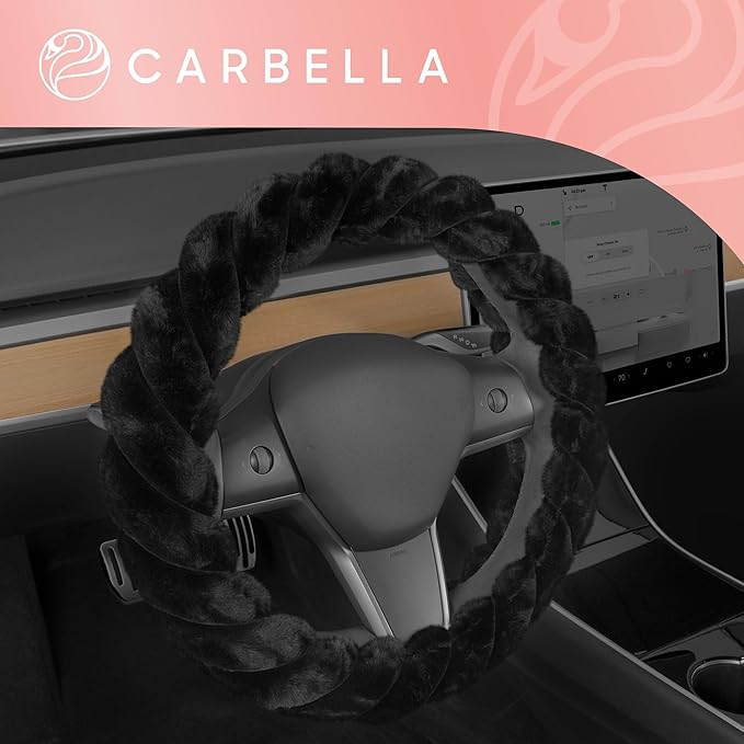 Carbella Twisted Fur Black Soft Steering Wheel Cover, Standard 15 Inch Size Fits Most Vehicles, Fuzzy Fluffy Car Steering Cover with Soft Faux Fur Touch, Car Accessories for Women