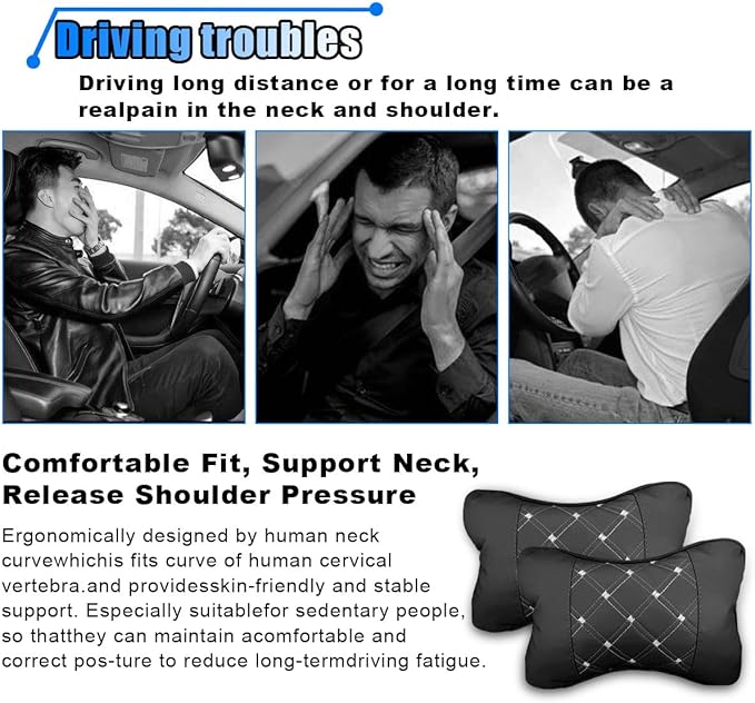 2PCS Car Neck Pillow, Breathable Car Head Neck Rest Cushion, Soft Pillow for Relieving Stiffness, Comfort Car Seat Neck Support Pillow (Black/White)