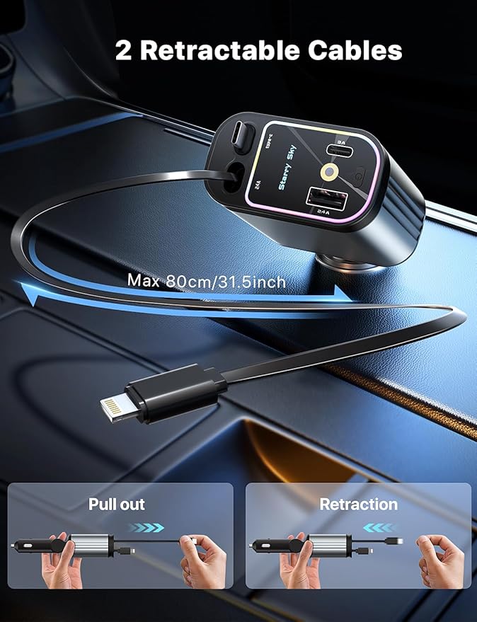 Starlight Retractable Car Charger with Retractable Cables, Starlight in Car Roof 4 in 1 Super Fast USB C Car Phone Charger, 2 USB Ports Starry Sky Adapter, Compatible with iPhone 17 16 15 14 13 12