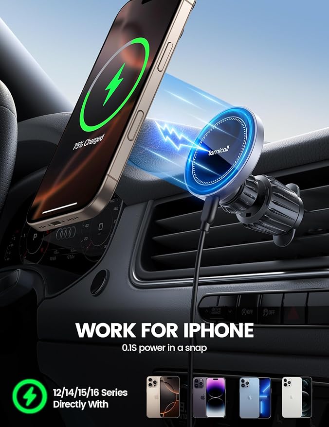 Lamicall 15W for MagSafe Car Mount Charger - [20X Strong Magnets] Wireless Car Phone Holder Charger, Magnetic Phone Holders for Car Vent Dash Accessories for Women Men for iPhone 17 Pro Max Silver
