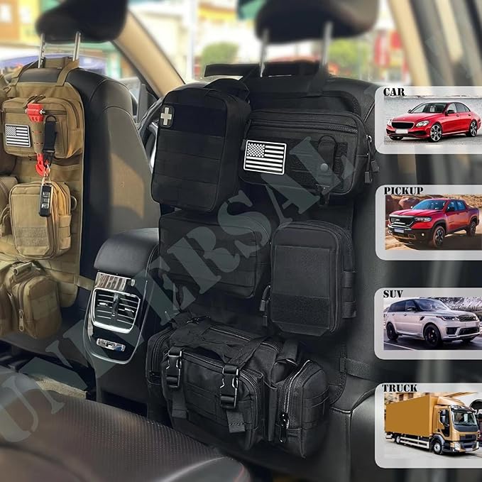 6 Pack Tactical Molle Car Seat Back Organizer - Tactical Vehicle Panel Organizer with 5 Detachable Molle Pouch,US Flag Patch and Keychain,Great Trunk Accessories for Man
