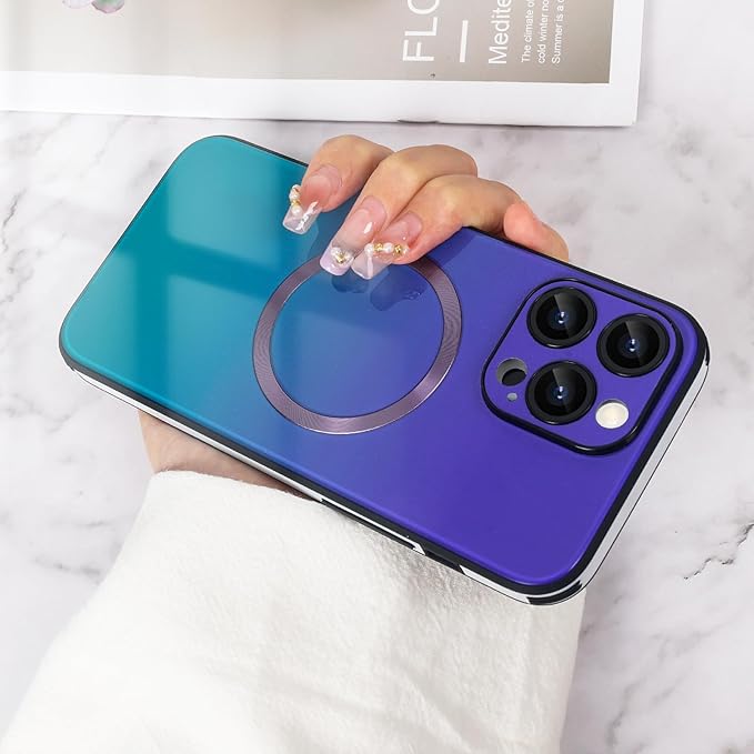 Guppy Compatible with iPhone 15 Pro Case Magnetic, with Full Camera Lens Protector [Compatible with MagSafe] Scratch Resistant Gradient Glass Back Cover Phone Case-Purple