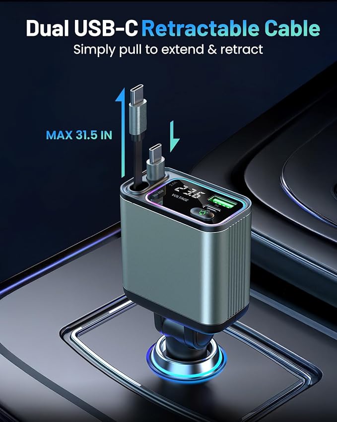 4 in 1 Retractable Car Charger with RGB Light, 92W Fast Charging Dual USB C Car Adapter, Compact Car Phone Charger for iPhone/Galaxy/Pixel, Road Trip Essentials (Dual Type C Cable)