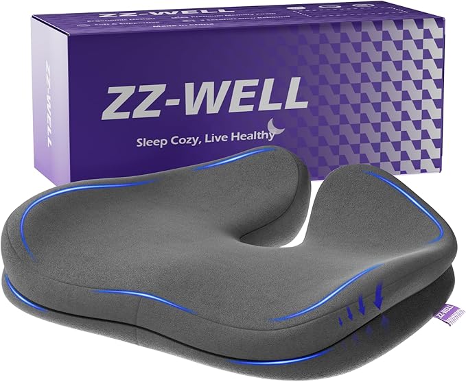 Seat Cushions for Office Chairs, Car Seat - Patented Coccyx Cushion for Tailbone Pain - Memory Foam Butt Cushion for Pressure Relief - Carry Handle & Non Slip Bottom (Grey)