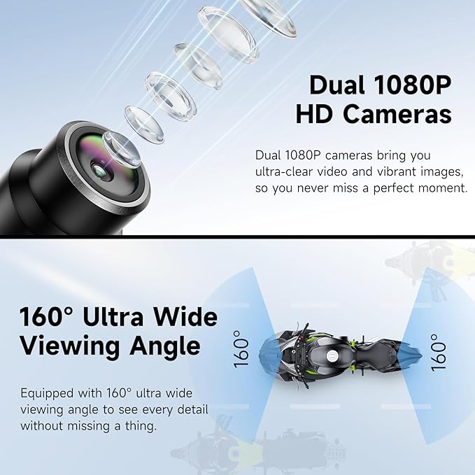 Motorcycle Dash Cam Front and Rear, Dual 1080p Dash Cam for Motorcycle with 64GB SD Card IP67 Waterproof, Loop Recording 24H Parking Monitor Night Vision with App Control Max Support 128 GB